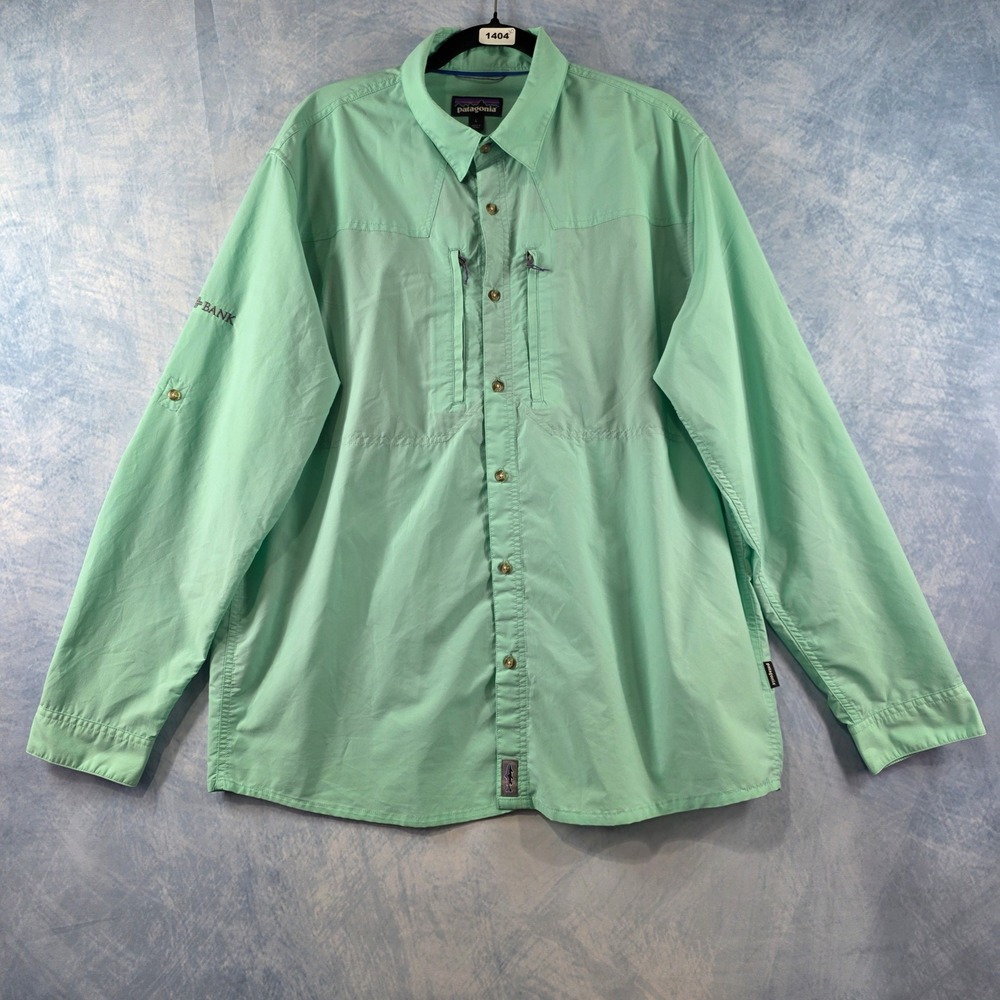 Patagonia Mens‎ Large LS Fishing Shirt Seafoam Green Zip Pockets Roll Tab Sleeve